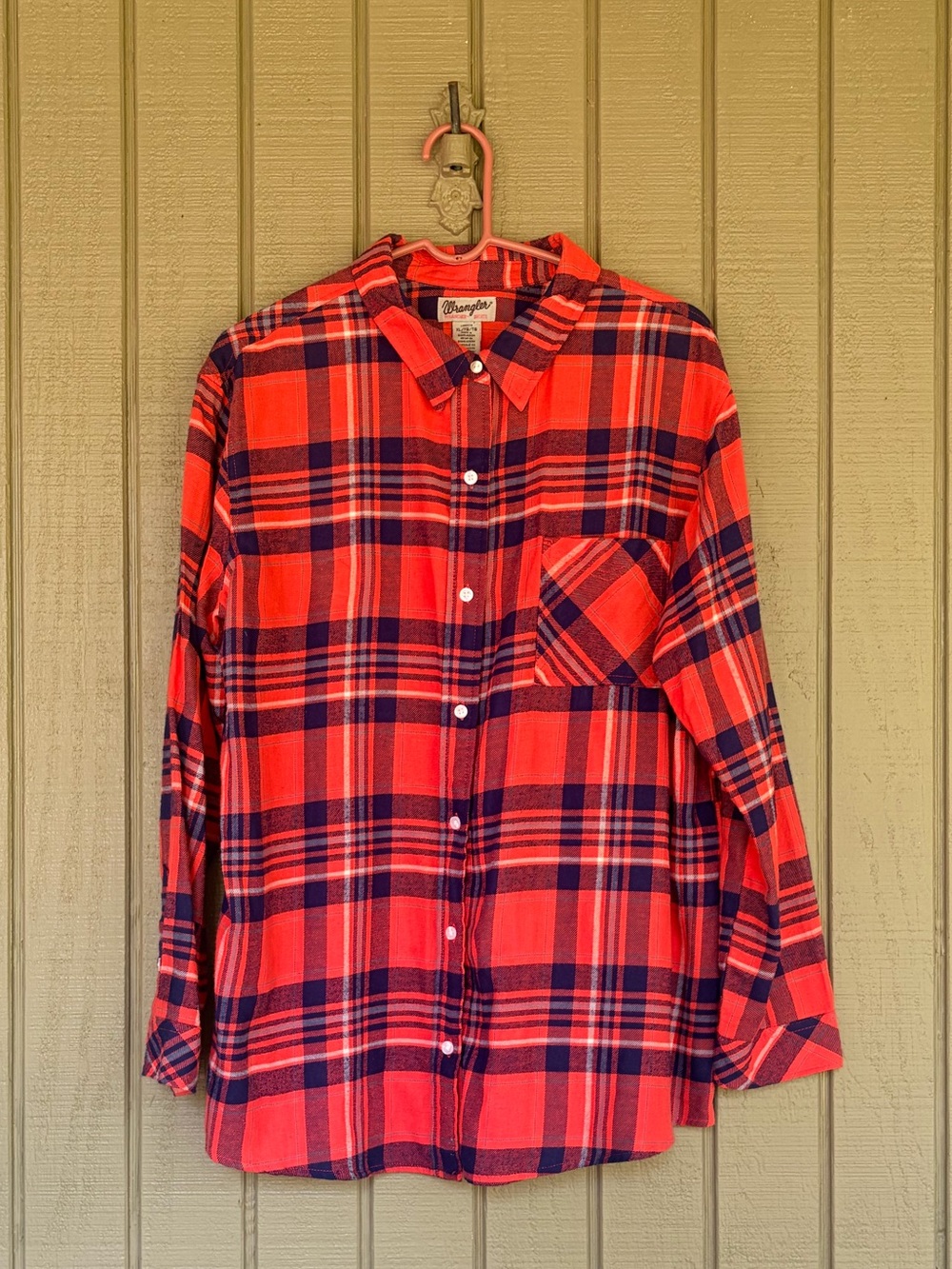 Wrangler Wrancher Plaid Flannel Button Down Shirt Women's XL Red Navy Cotton EUC